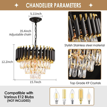Suspension lustre moderne 3 niveaux en cristal noir et doré, lumière chaleureuse