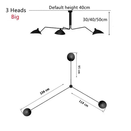 Suspension plafonnier nordique araignée métal noir 3/6 têtes pour salon et chambre