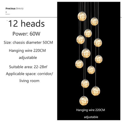 Suspension LED moderne boule de verre pour escalier et salon, lumière chaude dimmable