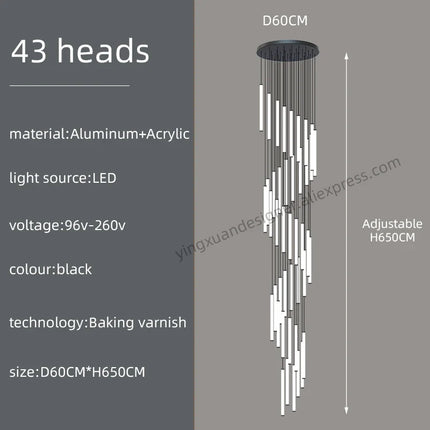 Suspension LED moderne luxe en aluminium et acrylique pour escalier et salon