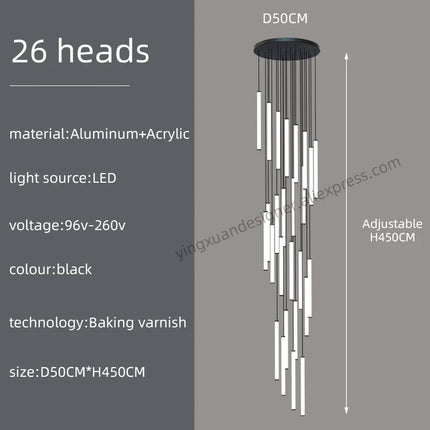 Suspension LED moderne luxe en aluminium et acrylique pour escalier et salon