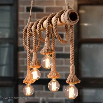 Suspension en Bambou et Corde de Chanvre, Style Vintage, Luminaire d’Intérieur