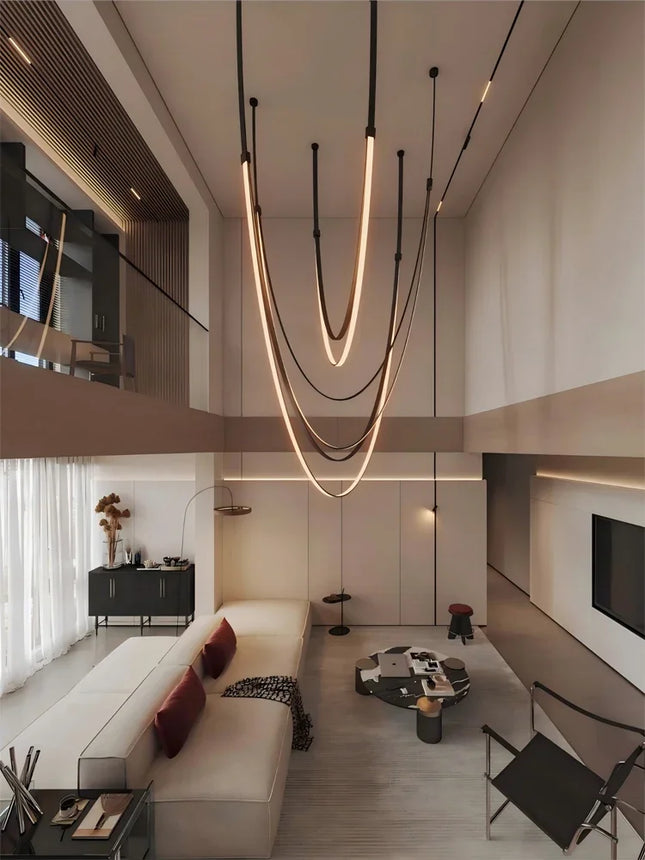 Suspension nordique design en cuir et acier inoxydable, lumière LED chaude variable