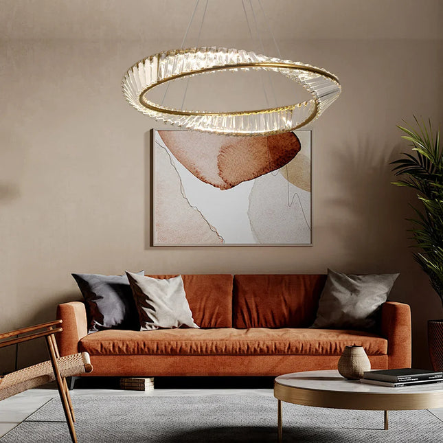 Suspension LED anneau luxe cuivre et or, lumière chaude pour salon et salle à manger