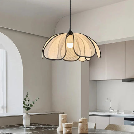 Suspension Lotus tissée main LED 3 couleurs crème style nordique moderne