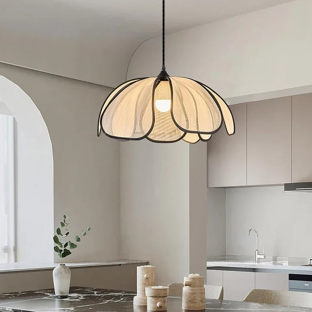 Suspension Lotus tissée main LED 3 couleurs crème style nordique moderne