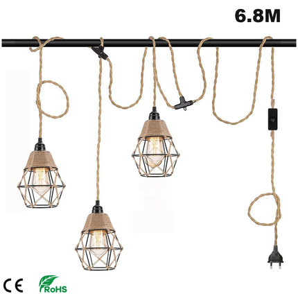 Suspension industrielle rétro en métal avec corde de chanvre et interrupteur, lumière chaleureuse