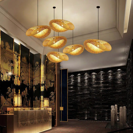 Suspension bambou tissé artisanale LED E27 pour ambiance chaleureuse