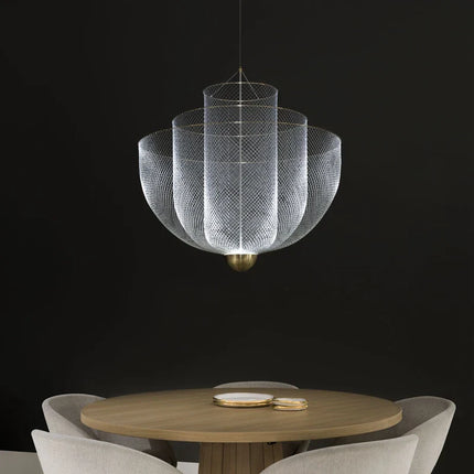 Suspension Artpad en métal chromé à grille, lumière LED chaude, design contemporain