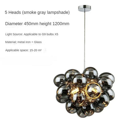 Suspension lustre bulle ballon nordique en verre gris fumé, lumière chaleureuse