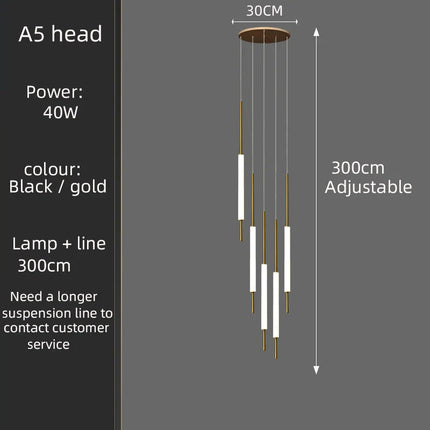 Suspension LED dorée et noire design moderne pour salon et escalier
