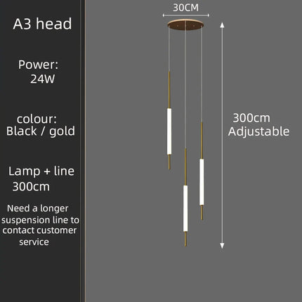 Suspension LED dorée et noire design moderne pour salon et escalier