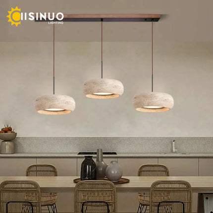 Suspension lampe ronde en pierre naturelle travertin LED réglable pour salle à manger