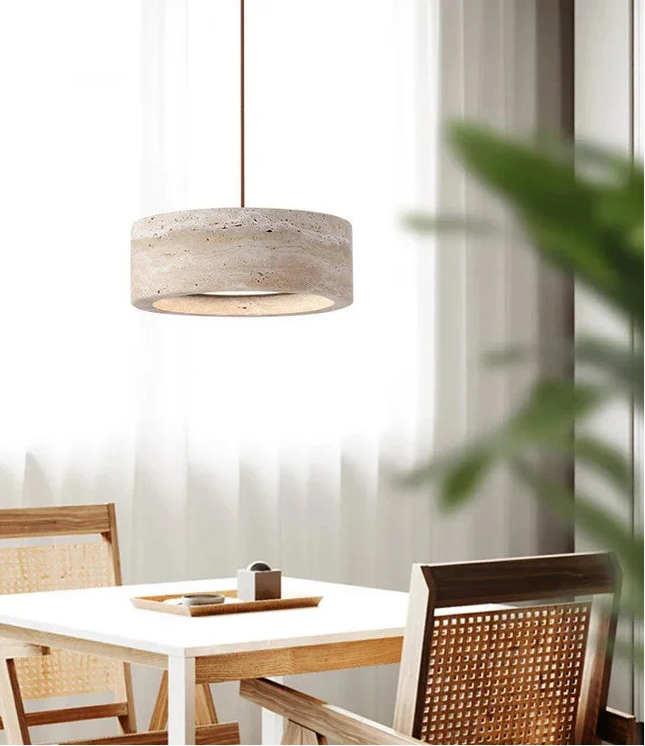 Suspension lampe ronde en pierre naturelle travertin LED réglable pour salle à manger