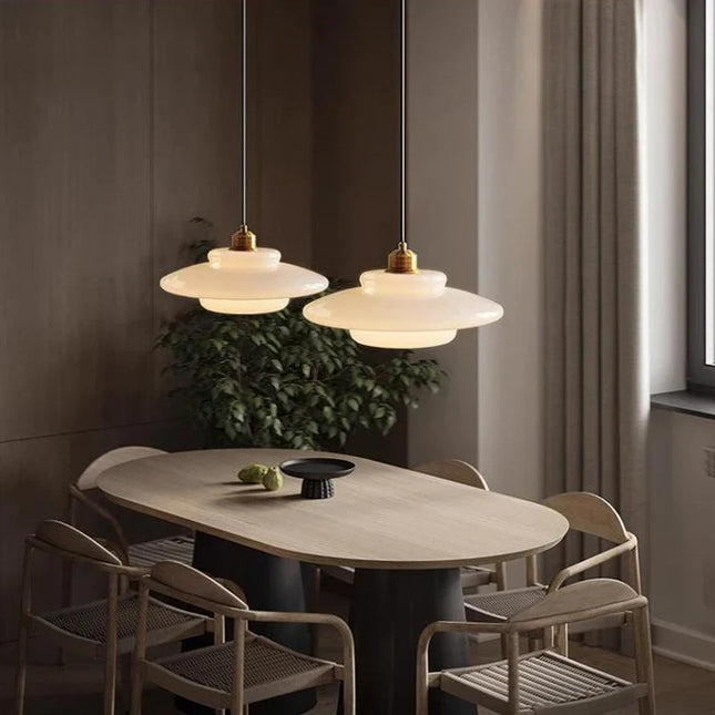 Suspension LED en verre design nordique, lumière chaude ambiance cosy