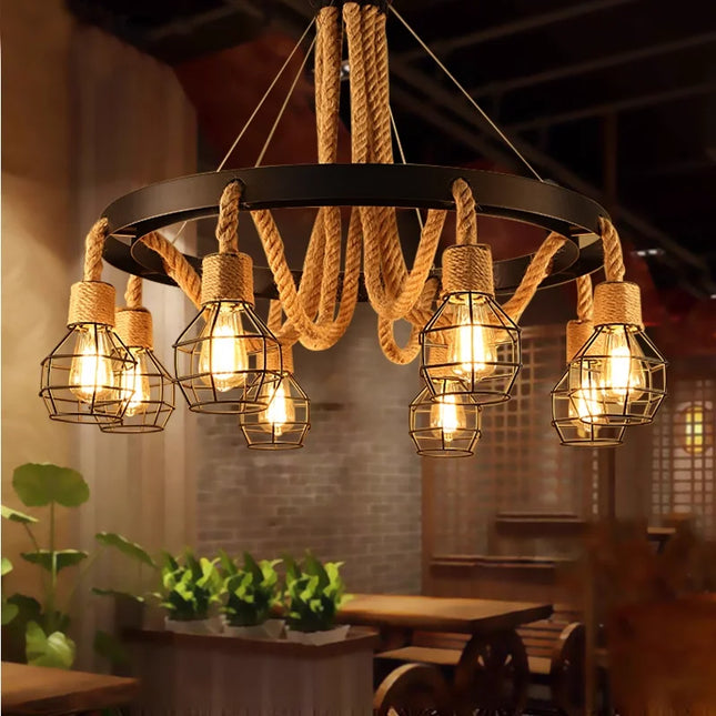 Suspension industrielle vintage en métal et corde de chanvre pour intérieur