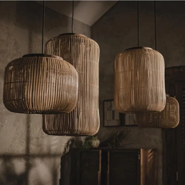 Suspension Japonaise en Rotin Vintage, Luminaire Wabi-Sabi pour Salon et Cuisine