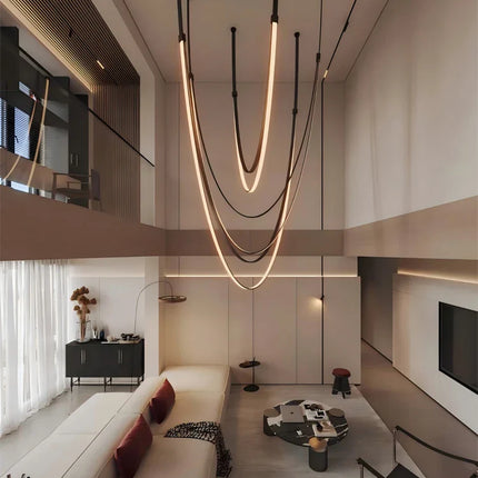 Suspension LED design cuir et acier inoxydable, lumière variable chaleureuse pour salon