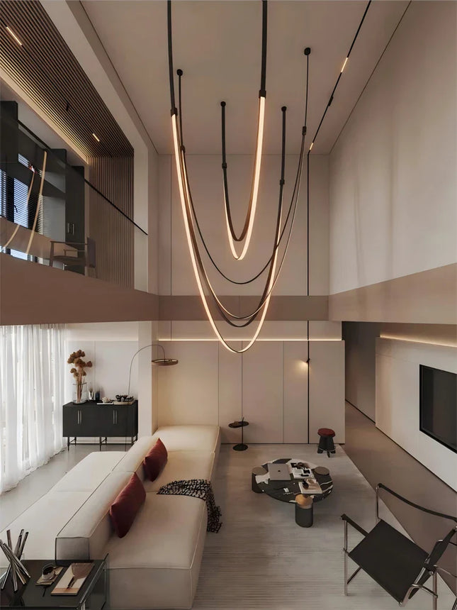 Suspension LED design cuir et acier inoxydable, lumière variable chaleureuse pour salon
