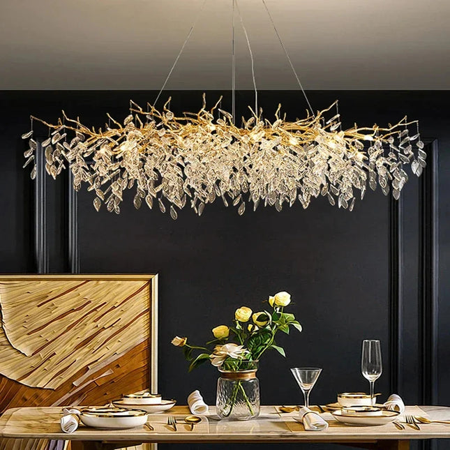 Suspension lustre LED cristal doré design moderne pour intérieur villa