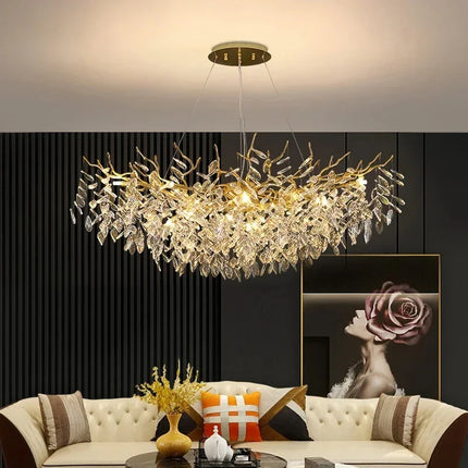 Suspension lustre LED cristal doré design moderne pour intérieur villa