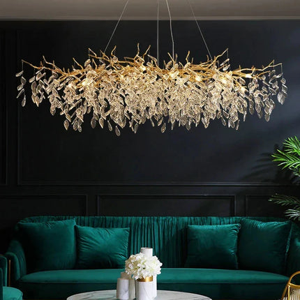 Suspension lustre LED cristal doré design moderne pour intérieur villa