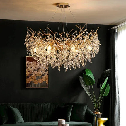 Suspension lustre LED cristal doré design moderne pour intérieur villa