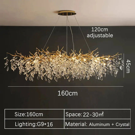 Suspension lustre LED cristal doré design moderne pour intérieur villa