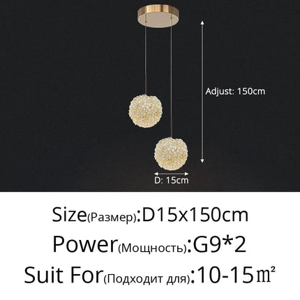 Suspension boule ronde en cristal avec lumière chaude pour salle à manger