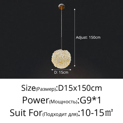 Suspension boule ronde en cristal avec lumière chaude pour salle à manger