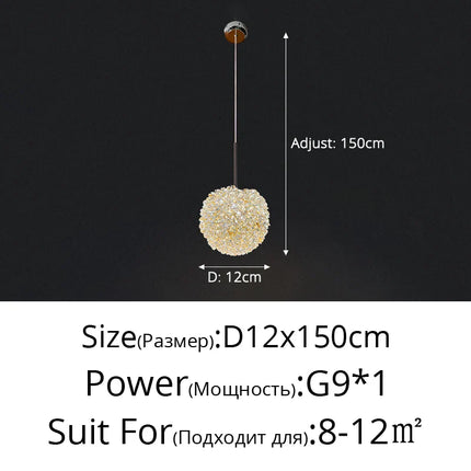 Suspension boule ronde en cristal avec lumière chaude pour salle à manger