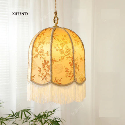 Suspension lanterne en tissu rétro en satin de soie, lumière chaleureuse pour salon et salle à manger