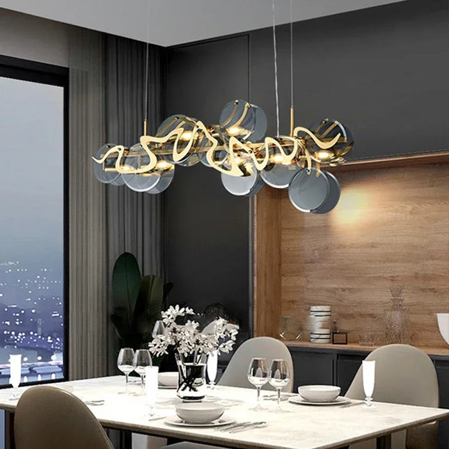Suspension en verre et fer forgé, design moderne minimaliste, lumière chaude cosy