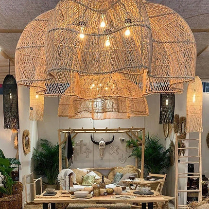 Suspension rétro en rotin Wabi-sabi, lumière LED pour salon et restaurant