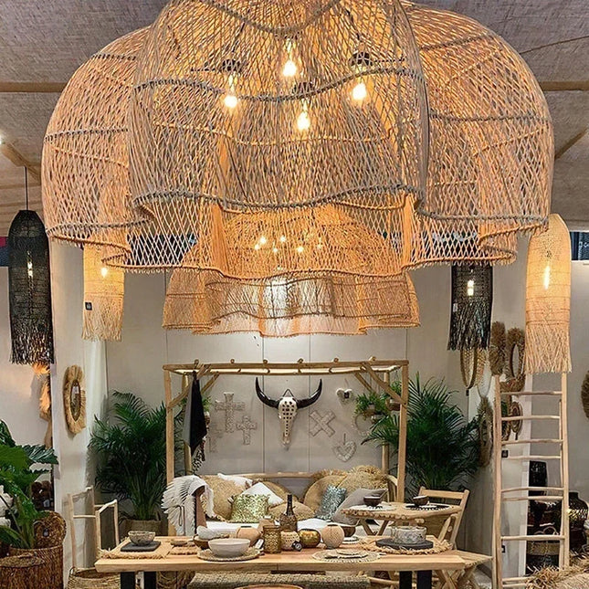 Suspension rétro en rotin Wabi-sabi, lumière LED pour salon et restaurant