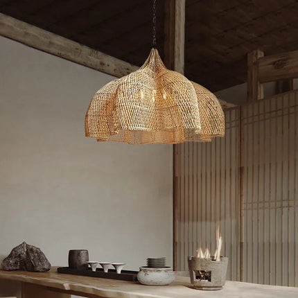 Suspension rétro en rotin Wabi-sabi, lumière LED pour salon et restaurant