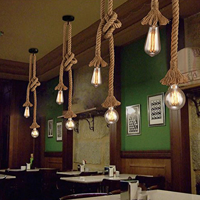 Suspension Plafonnier Vintage en Corde de Chanvre, Style Industriel Rétro, 1 à 12 Têtes
