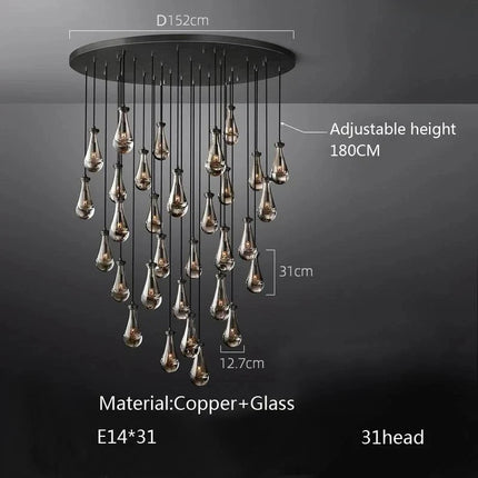 Suspension goutte d'eau en cuivre et verre LED, lustre moderne pour hall et salon