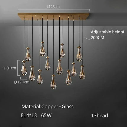 Suspension goutte d'eau en cuivre et verre LED, lustre moderne pour hall et salon