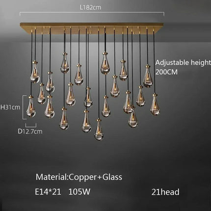 Suspension goutte d'eau en cuivre et verre LED, lustre moderne pour hall et salon