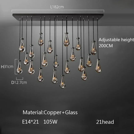 Suspension goutte d'eau en cuivre et verre LED, lustre moderne pour hall et salon
