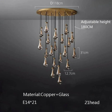 Suspension goutte d'eau en cuivre et verre LED, lustre moderne pour hall et salon