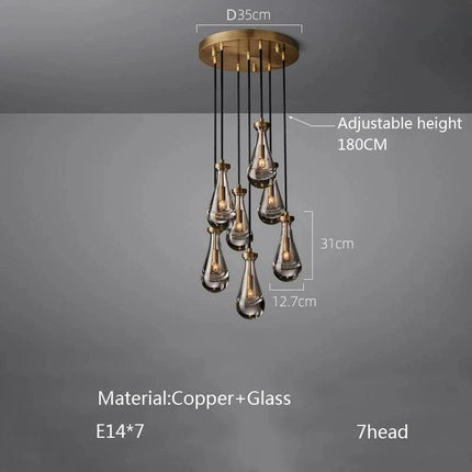 Suspension goutte d'eau en cuivre et verre LED, lustre moderne pour hall et salon
