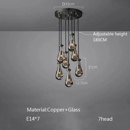 Suspension goutte d'eau en cuivre et verre LED, lustre moderne pour hall et salon