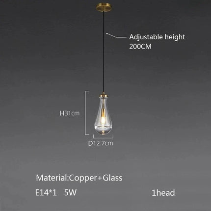 Suspension goutte d'eau en cuivre et verre LED, lustre moderne pour hall et salon