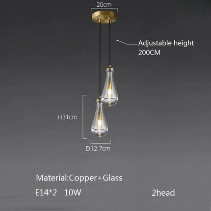 Suspension goutte d'eau en cuivre et verre LED, lustre moderne pour hall et salon