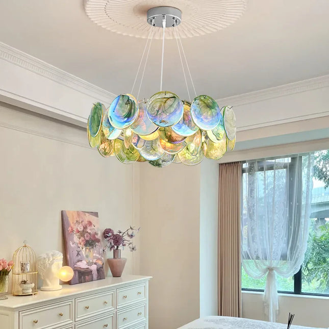 Suspension Murano en verre coloré, design français vintage, lumière LED chaleureuse