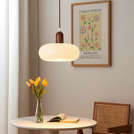Suspension LED en bois et verre lait, design minimaliste, lumière chaleureuse pour intérieur