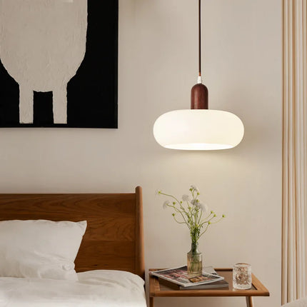 Suspension LED en bois et verre lait, design minimaliste, lumière chaleureuse pour intérieur
