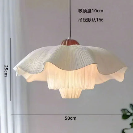 Suspension Lustre français pétale nordique en tissu crème, lumière chaude élégante pour salon et chambre